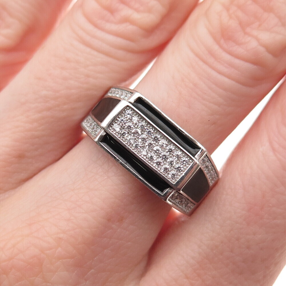 925 Sterling Silver Black Enamel & Round-Cut C Z Signet Ring Size 10.75